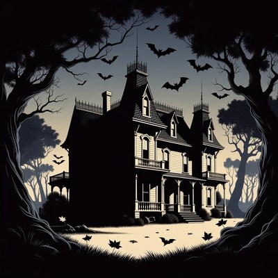 Haunted Mansion with Bats and Trees
