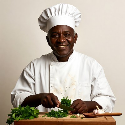 African-American chef chopping herbs