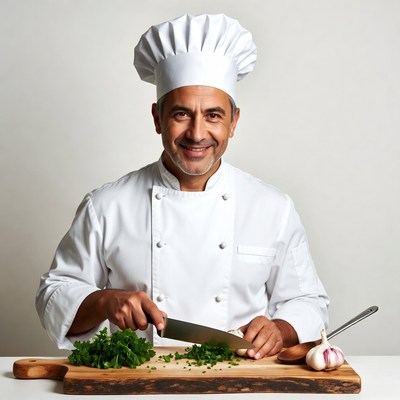 Chef chopping herbs on cutting board