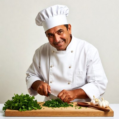 Chef chopping parsley on cutting board