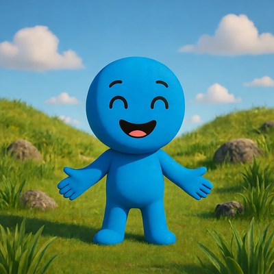 Blue cartoon character arms outstretched