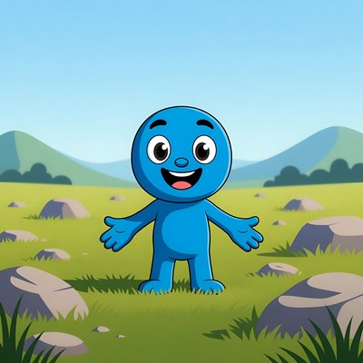 Happy blue cartoon boy in field