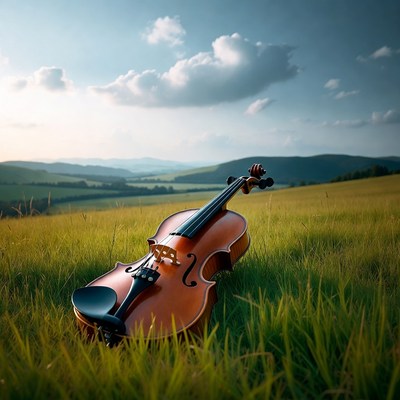 Violin lying in green field