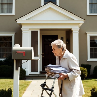 Elderly woman with mail at house