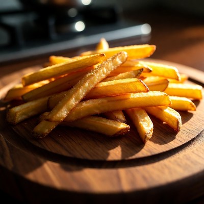 Golden french fries on wooden board