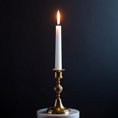 White Candle Burning on Brass Candlestick