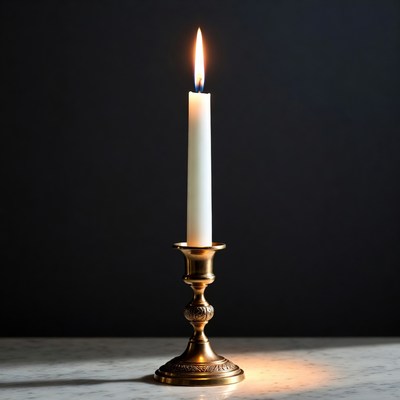 White Candle Burning on Brass Candlestick