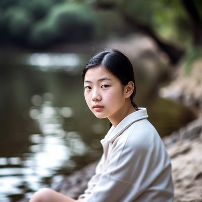 Asian girl by riverside in forest
