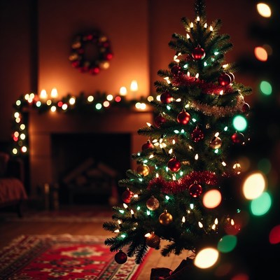 Festive Christmas Tree by Fireplace