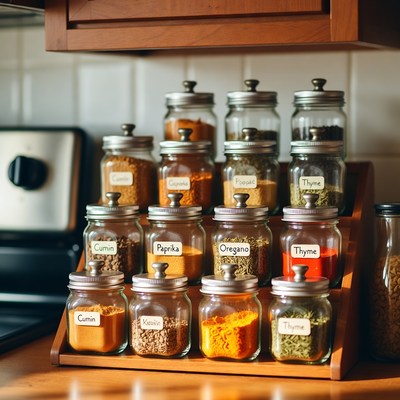 Spice Jars on Wooden Rack