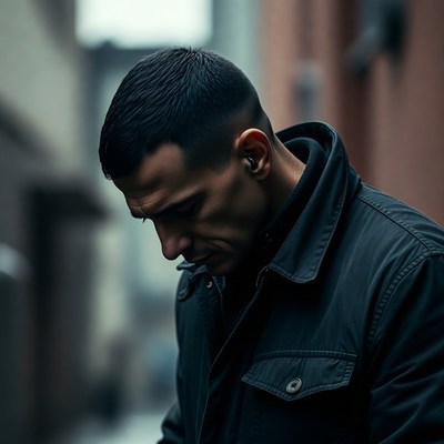 Man with fade haircut in urban alley