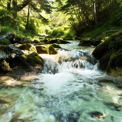 Forest Stream with Mossy Rocks