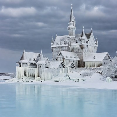 Snowy Ice Castle by Frozen Lake