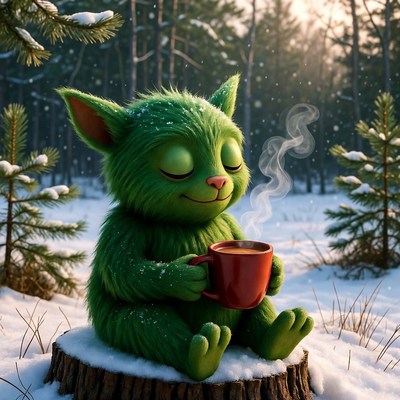 Green furry creature sipping hot drink
