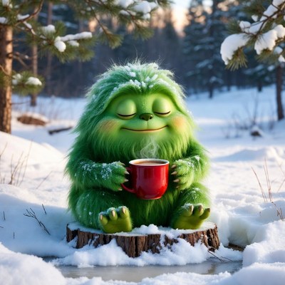 Green furry creature drinking tea in snow