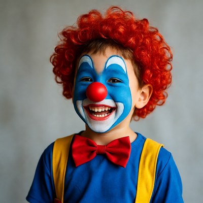 Boy in clown costume smiling