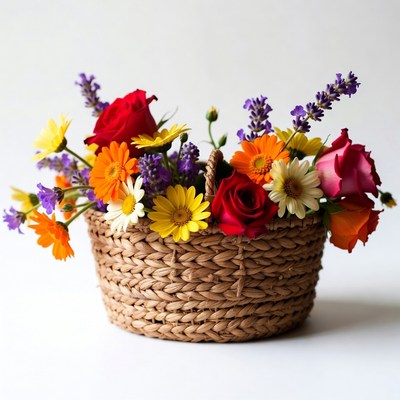 Colorful Flowers in Wicker Basket