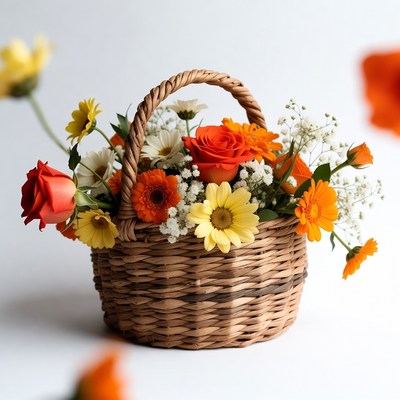 Colorful Flowers in Wicker Basket