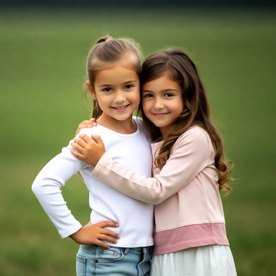 Two smiling girls hugging outdoors