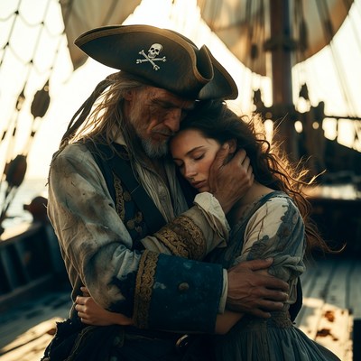 Pirate embracing woman on ship
