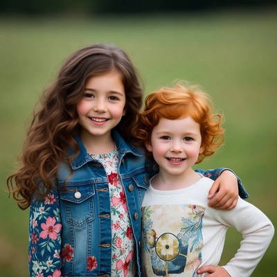 Two smiling girls hugging outdoors