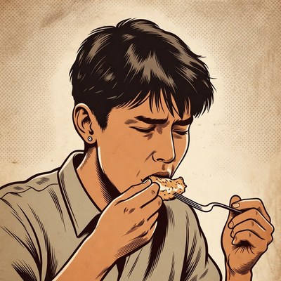 Asian man eating cake with fork