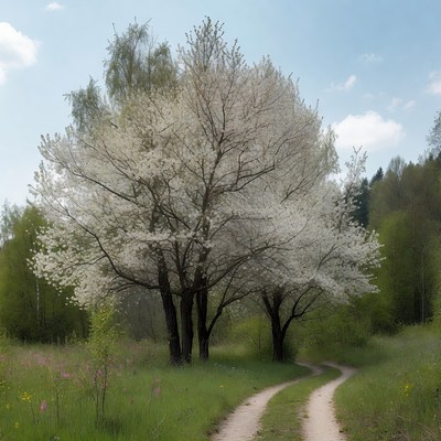 Cherry Blossom Trees by Country Path