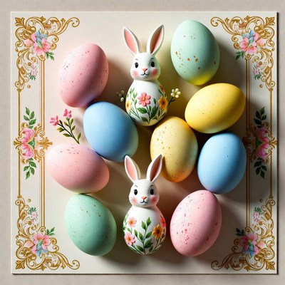 Easter bunnies with colorful eggs