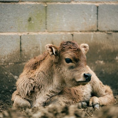 Cute baby calf lying against wall
