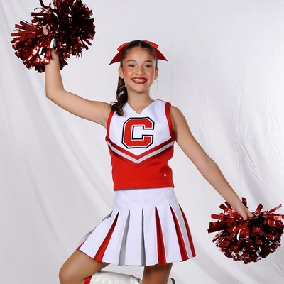 Latina girl cheerleader with red pom poms