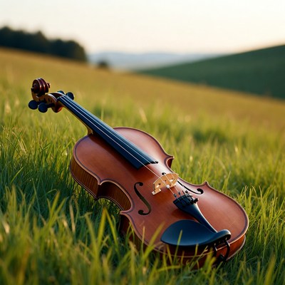 Violin lying in green grass