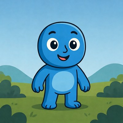 Smiling Blue Cartoon Character in Grass