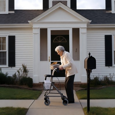 Elderly woman checking mailbox with walker