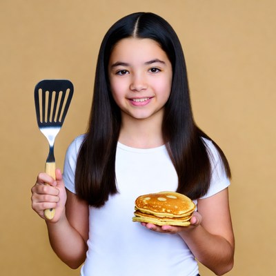 Girl holding spatula and pancakes