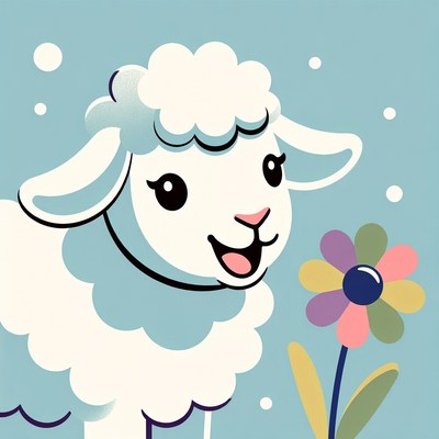 Cute cartoon sheep smelling flower