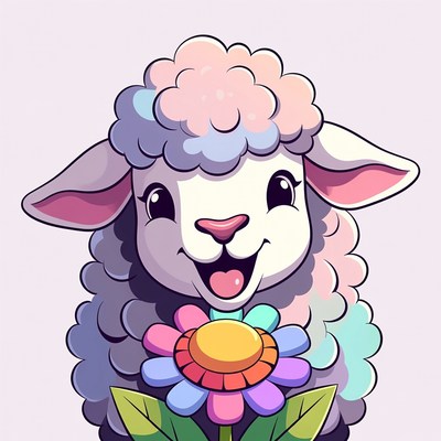 Cute cartoon sheep holding flower