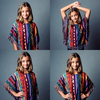 Girl in colorful poncho four poses