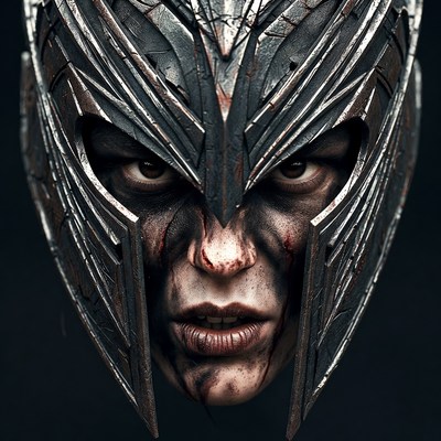 Female Warrior in Ornate Metal Helmet