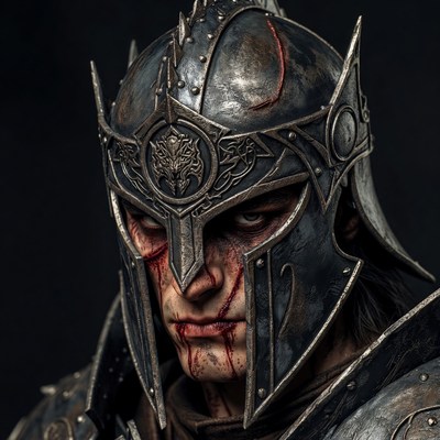 Warrior in Ornate Bloodied Helmet