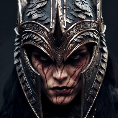 Woman in ornate battle helmet