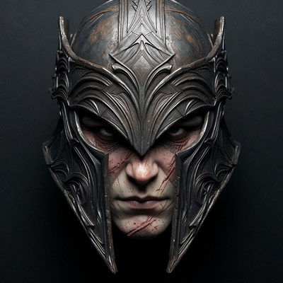 Menacing Warrior in Ornate Helmet