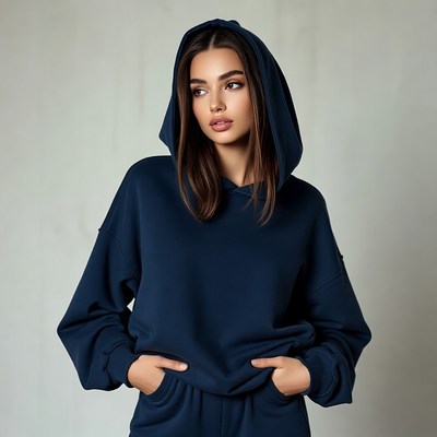 Woman in navy hoodie with hands in pockets