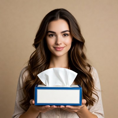 Woman holding blue tissue box
