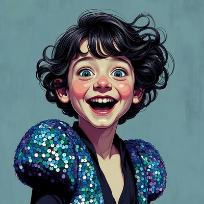 Girl with wide eyes and sequin shoulders