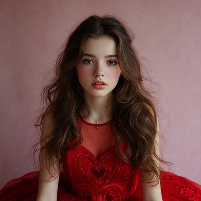 Young woman in red heart dress