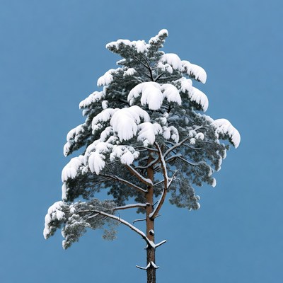Snow-covered pine tree on blue sky