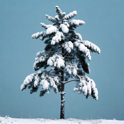 Snow-covered pine tree on blue sky