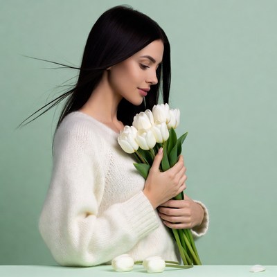 Woman smelling white tulips