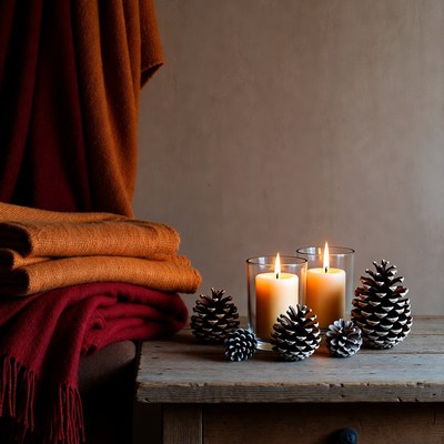 Pinecones and Candles on Rustic Table