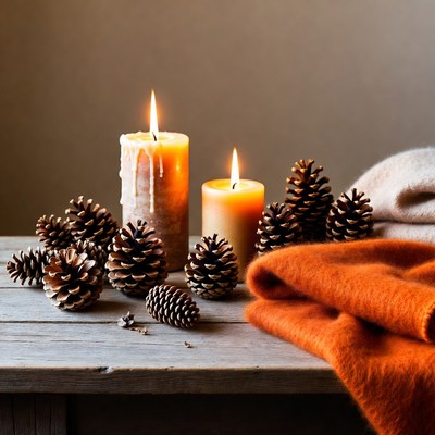 Pine Cones and Candles on Wooden Table